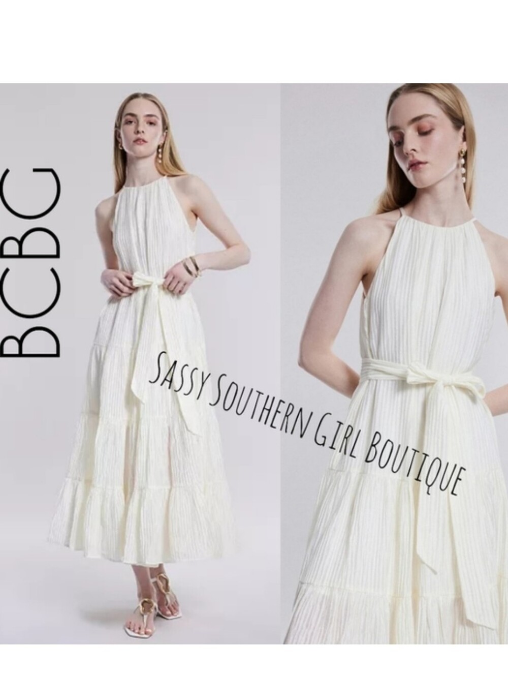 🆕⭐ BCBG Ivory White Crinkle Tiered Maxi Dress